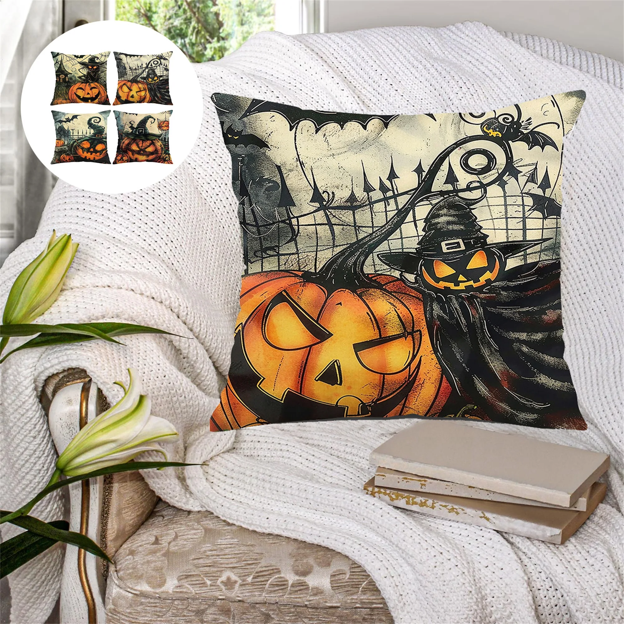 

Spooky Halloween Pillow Covers with Ghost and Bat Print for Halloween Decorative Pillow Case for Sofa Bed Couch
