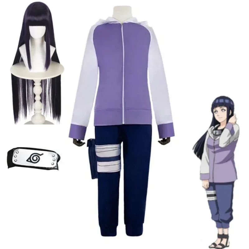 

Anime Hyuga Hinata Cosplay Costumes Halloween Party Generation Purple Jacket Pants Outfit With Wig