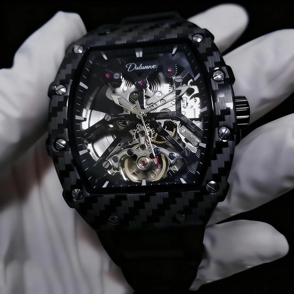 Skeleton Men Watches Automatic Mechanical Watch Carbon Fiber Patterned Steel Case Tourbillon Waterproof Military Watch