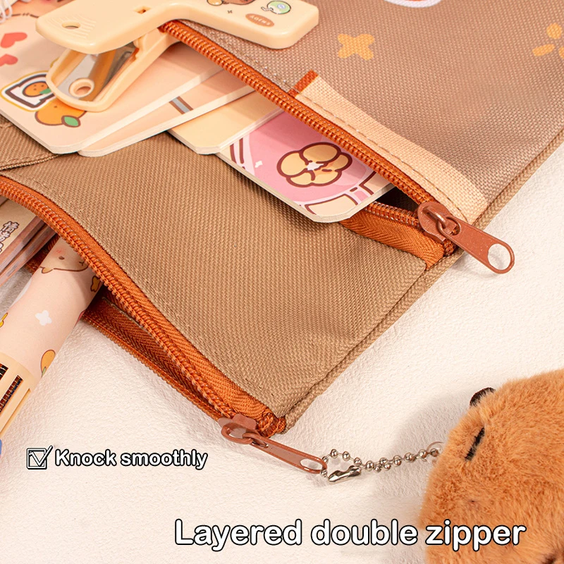 Student Handbag Cute Storage Bag Large Capacity Children Handbag Waterproof Cartoon Capybara Zipper Handbag Durable DocumentsBag