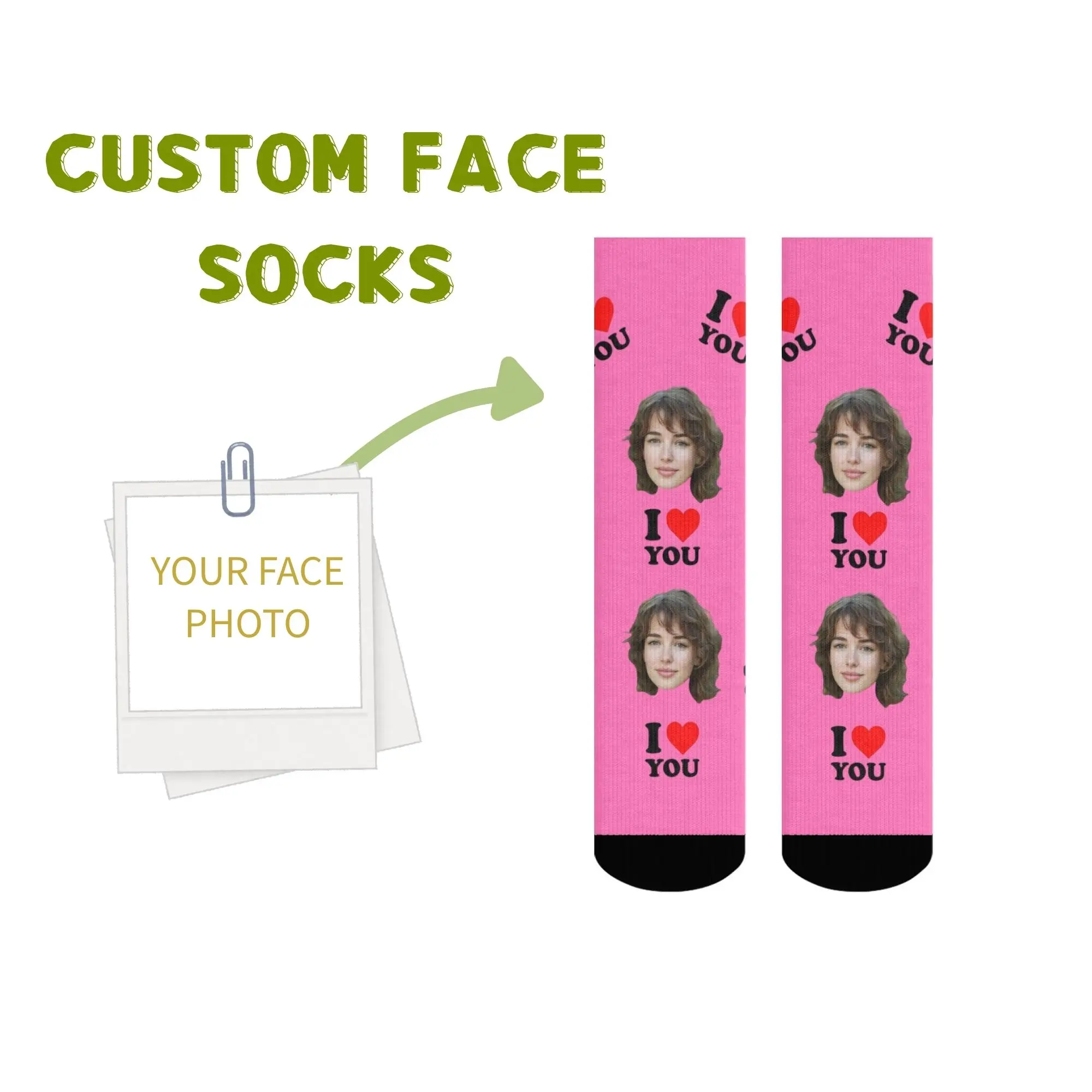 

Custom Face Socks "I Love YOU" on Vary Color Personalized Romantic Gift for Boyfriend or Girlfriend Valentine’s Day Crew Socks