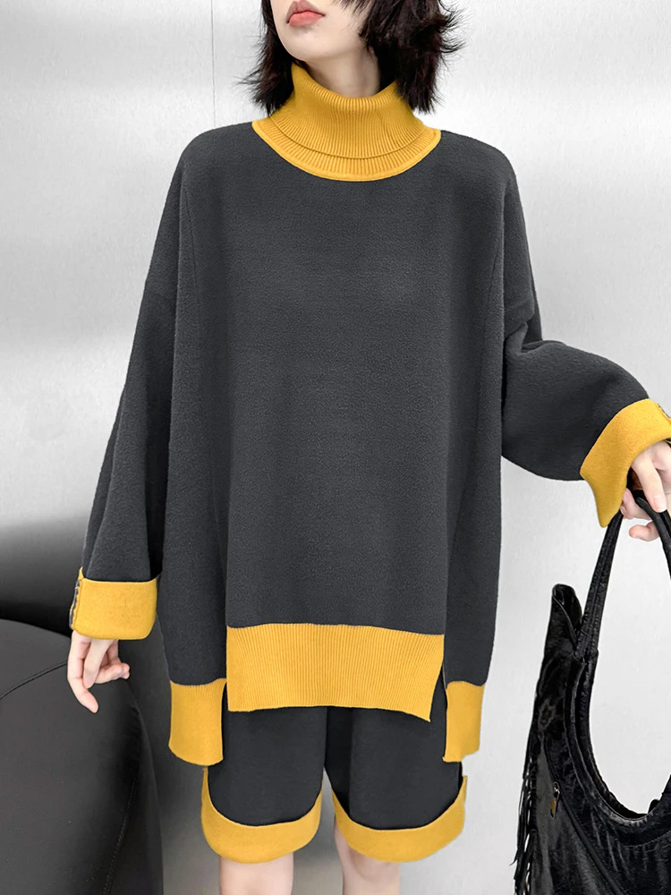 [EAM] Yellow Sweater Shorts Both Side Wear Two Piece Suit New Turtleneck Long Sleeve Women Fashion Spring Autumn 2025 1DH9190