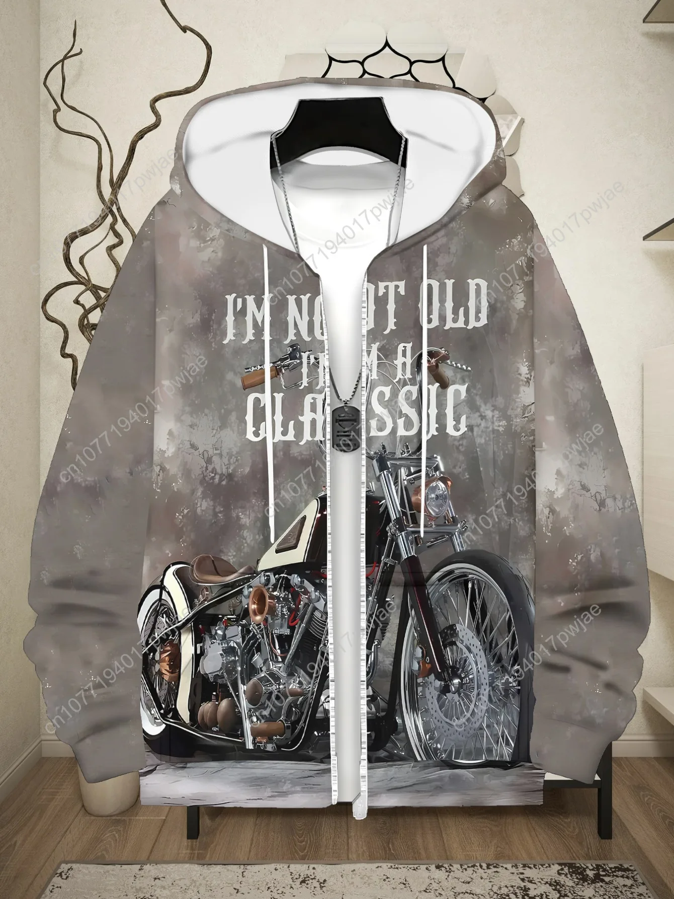 [Vintage Motorcycle Hoodie] Vintage Motorcycle Print Hoodie for Men - "I'm Not Old, I'm Classic" Design, Soft Polyester Zip-Up H