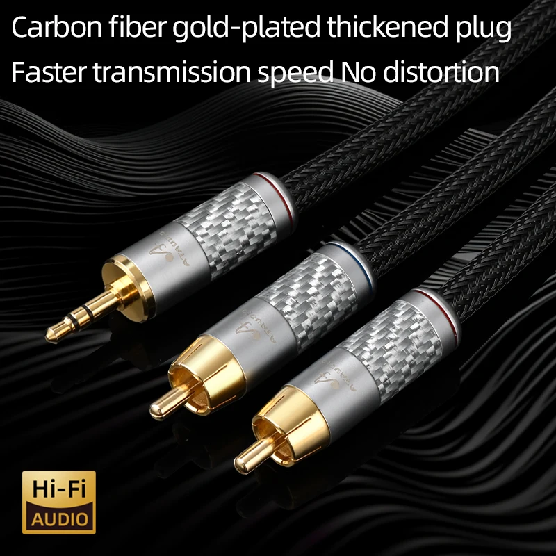 HiFi OCC Core 3.5mm to 2RCA Audio Cable for Phone AMP Carbon Fiber Gold Plated Plugs 3.5 Stereo Jack to 2RCA Male Jack Cable