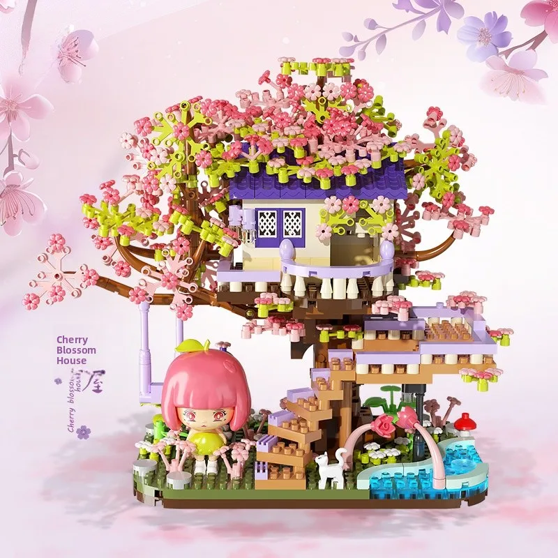 

High Difficul Micro Particle Sakura Tree House Train Station Assembly Toy Display Piece Children's Building Blos Fem M...