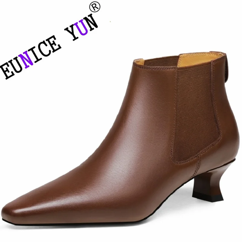 【EUNICE YUN】Modern Lady Brand Genuine Leather Winter Boots Slip On Elegant Women Shoes Square Toe Sexy High Heel Ankle Boots