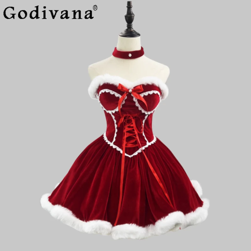 

Large Size Christmas Girl Autumn Winter Red Lace-up Cute Lolita High Waist A-line Strapless Dress Loose Fashion Hooded Cape