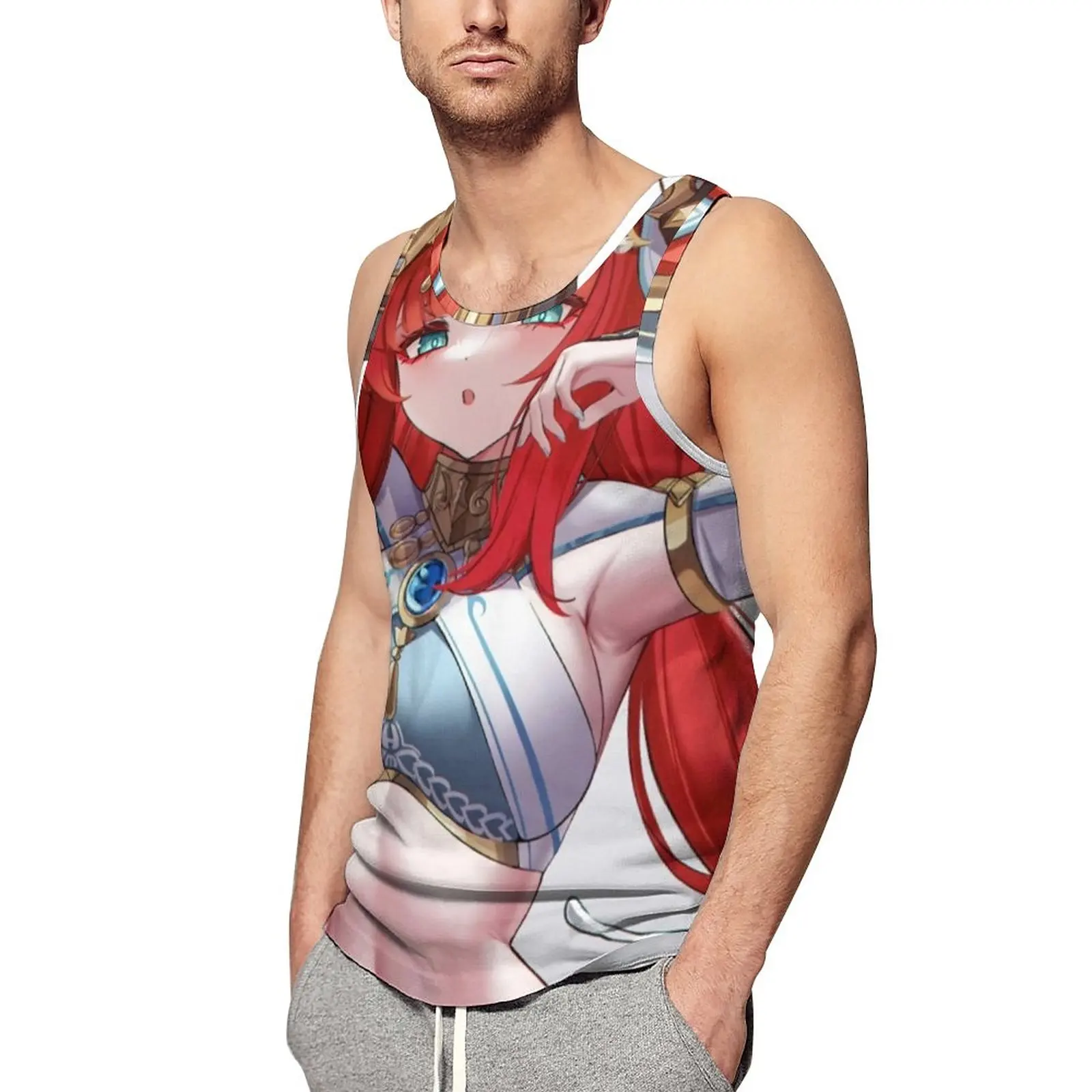 Nilou Genshin Print Daily Tank Top Japanese Cartoon Training Tops Males Graphic Vintage Sleeveless Shirts Large Size