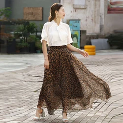 Summer Chiffon Leopard Print Holiday Bohemia Maxi Skirt Vacation Beach Korean Elastic Waist Long Skirts For Woman boho