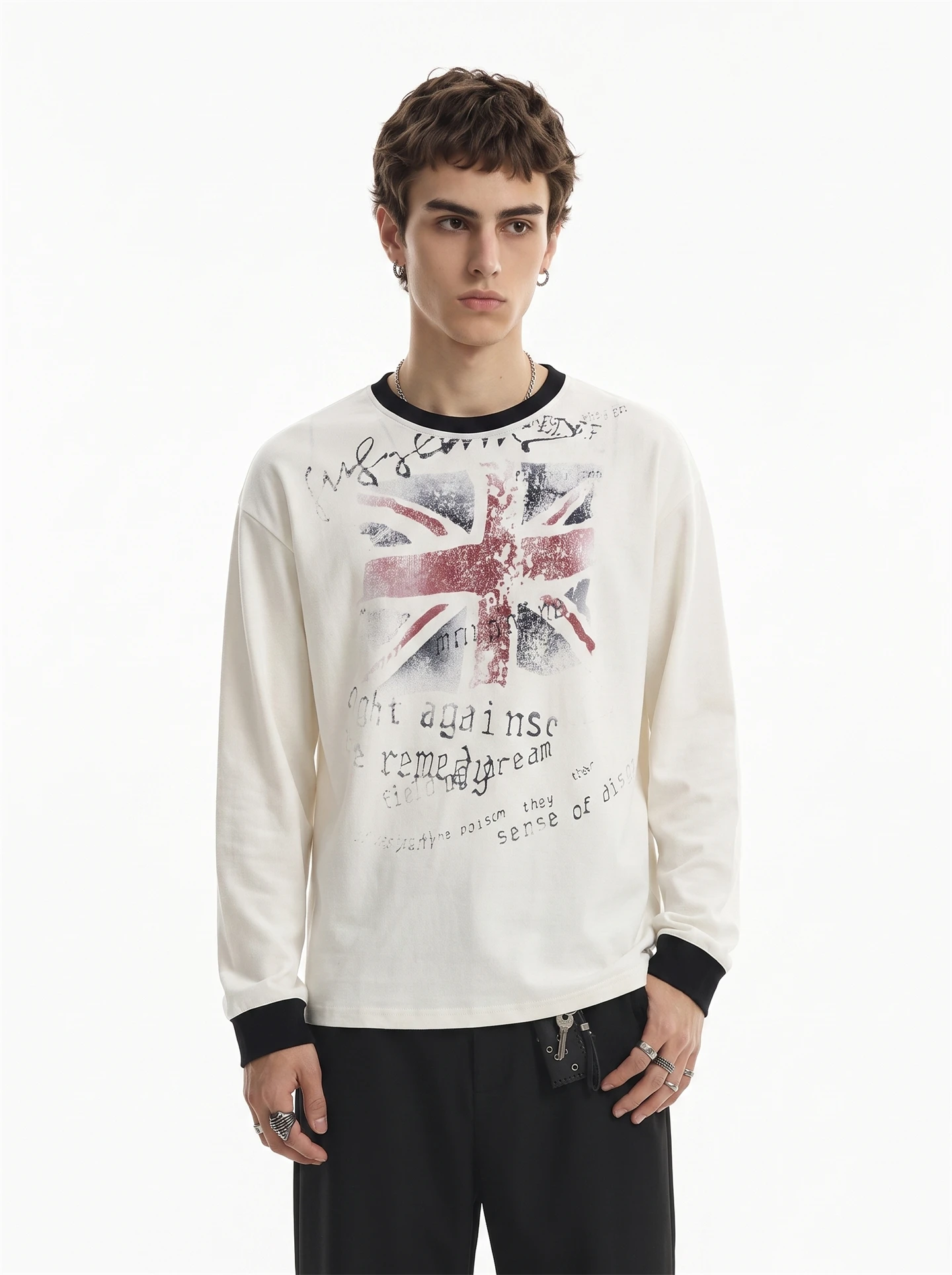 BETEBULE American High Street Weathered Flag Print Long Sleeve T-Shirt Men's Loose Color Block Top INS Autumn New Style