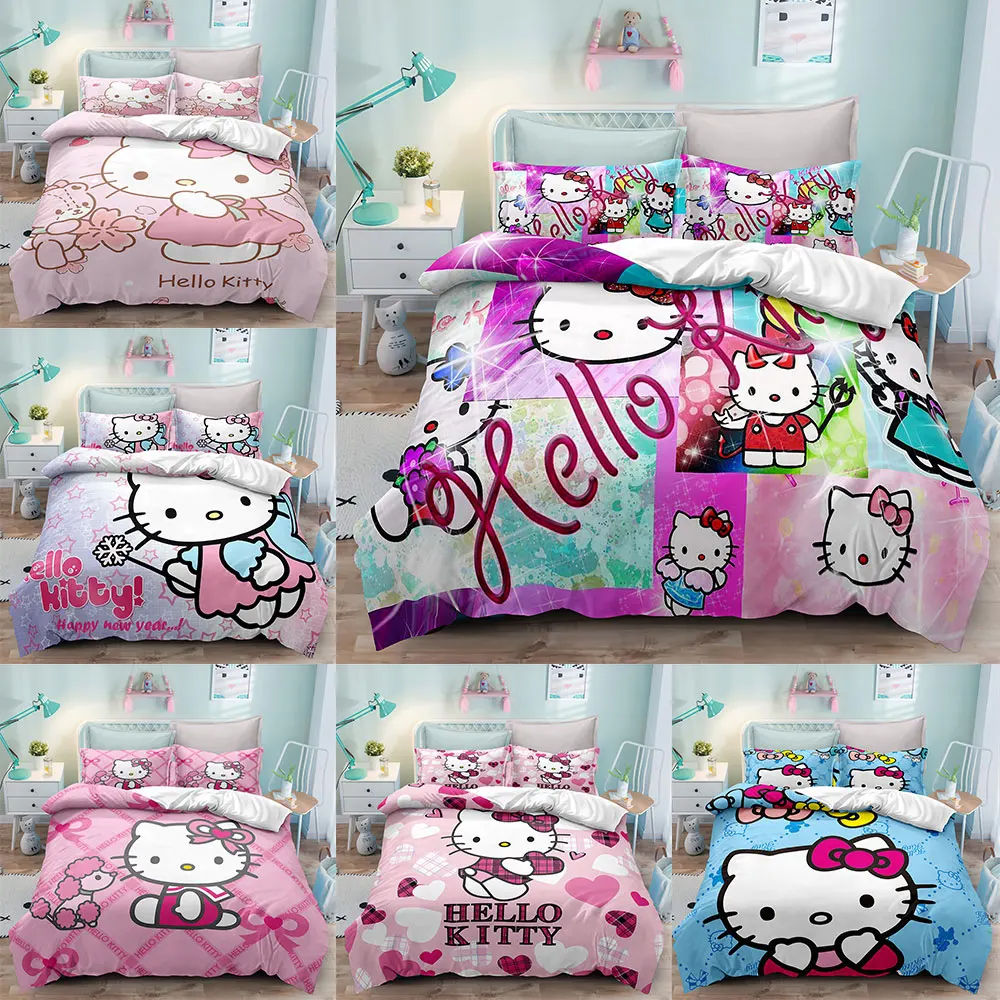 

Hello Kitty Bedding Sets Comforter Quilt Bed Cover Duvet Cover Pillow Case 2-3 Pieces Sets Kids Adult Size