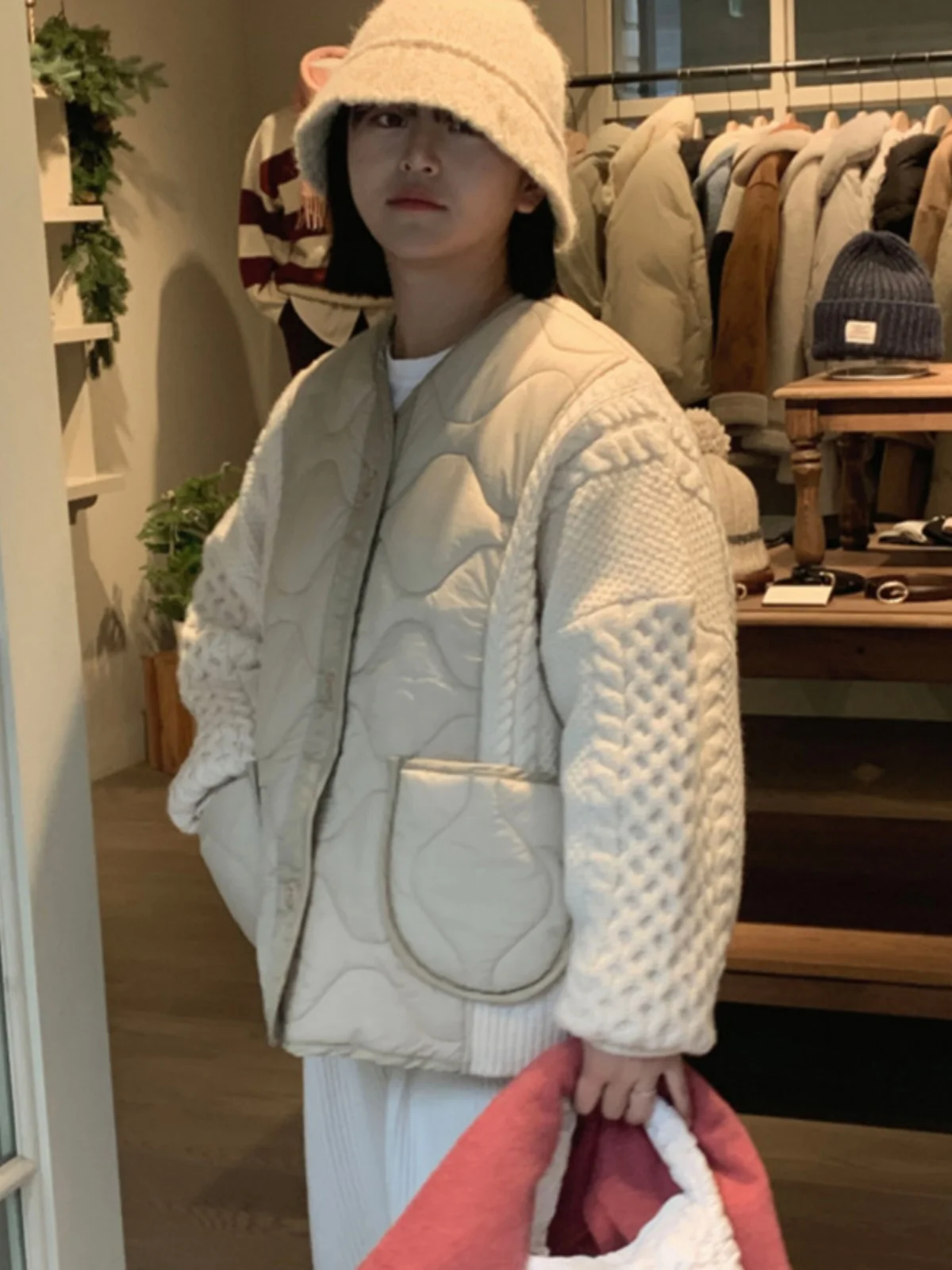 

Winter Thiened Cotton Jaet Women's Chic Retro Sle Loose Knitted Sweater Patchwork Coat Korean Version Faionable Outer...