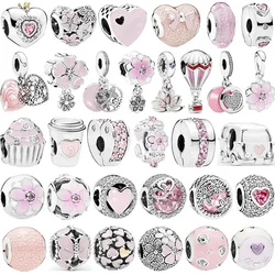 Original 925 Sterling Silver Pink Flower Backpack Balloon Coffee Cup Charms Beads for Pandora DIY Bracelet Women Jewellery Gift