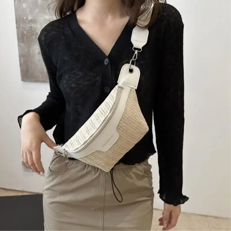 2024 Korean Style Casual Waist Packs Fashion Small Straw Bag Womens Waist Bag Large Capacity Beach Crossbody Bag for Men