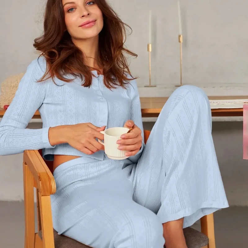 American-Style New Fashion Long-Sleeved Pyjama Set with Trousers Simple and Comfortable Loungewear Openwork Jacquard Design