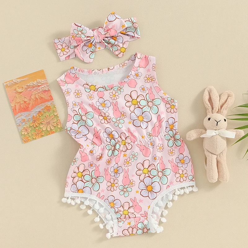 

Baby Girls Rompers Flower Rabbit Print Sleeveless Tassel Infant Bodysuits Summer Easter Clothes Jumpsuits