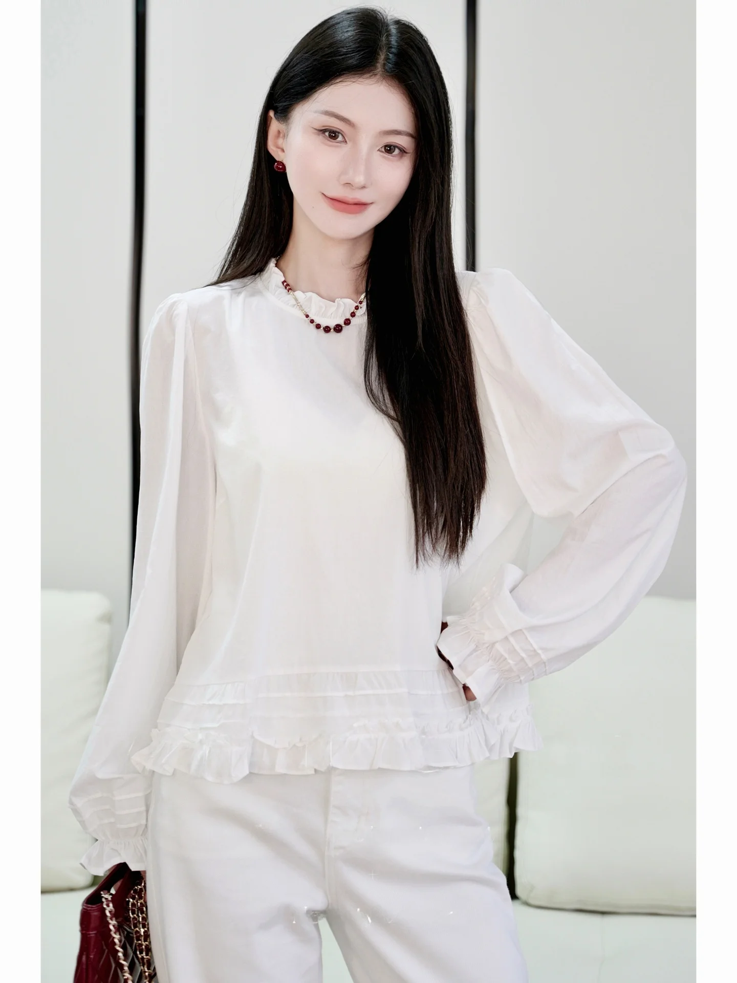 

New Chinese Sle Pure Cotton Floral Print irt Women's Top White Peony Silver Light Cotton Blouse with Lace Collar