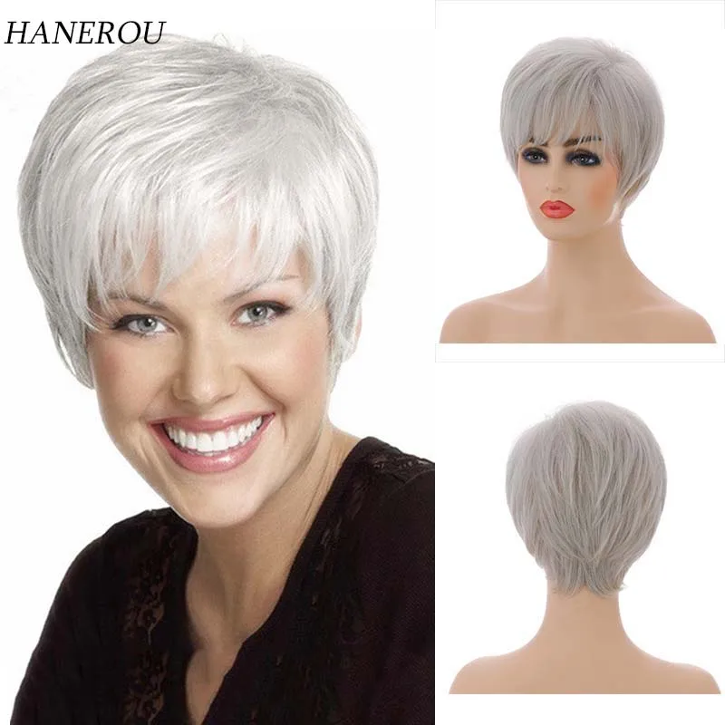 

Synthetic Wigs for Women Heat Resistant Fiber Daily Fluffy Curly Wigs Short Silver White Layered with Bangs Fake Hair