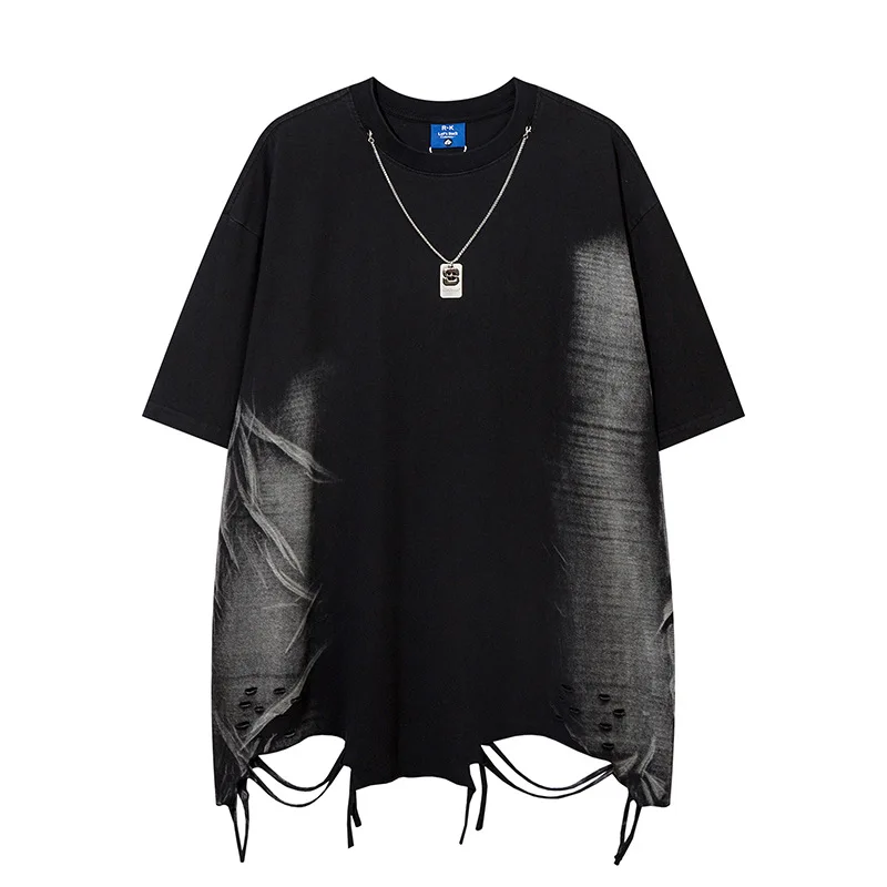 

Men's Tie Dye Hip Hop T Shirts With Necknace Decoration Fashion High Street Destroyed Tees Streetwear Short Sleeve Tops