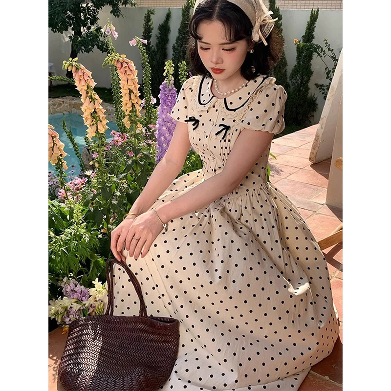 Sukienka midi w kropki vintage damska kawaii kokarda koronkowa sukienka letnia elegancka koreańska bufiaste krótkie rękawy obcisła vestidos