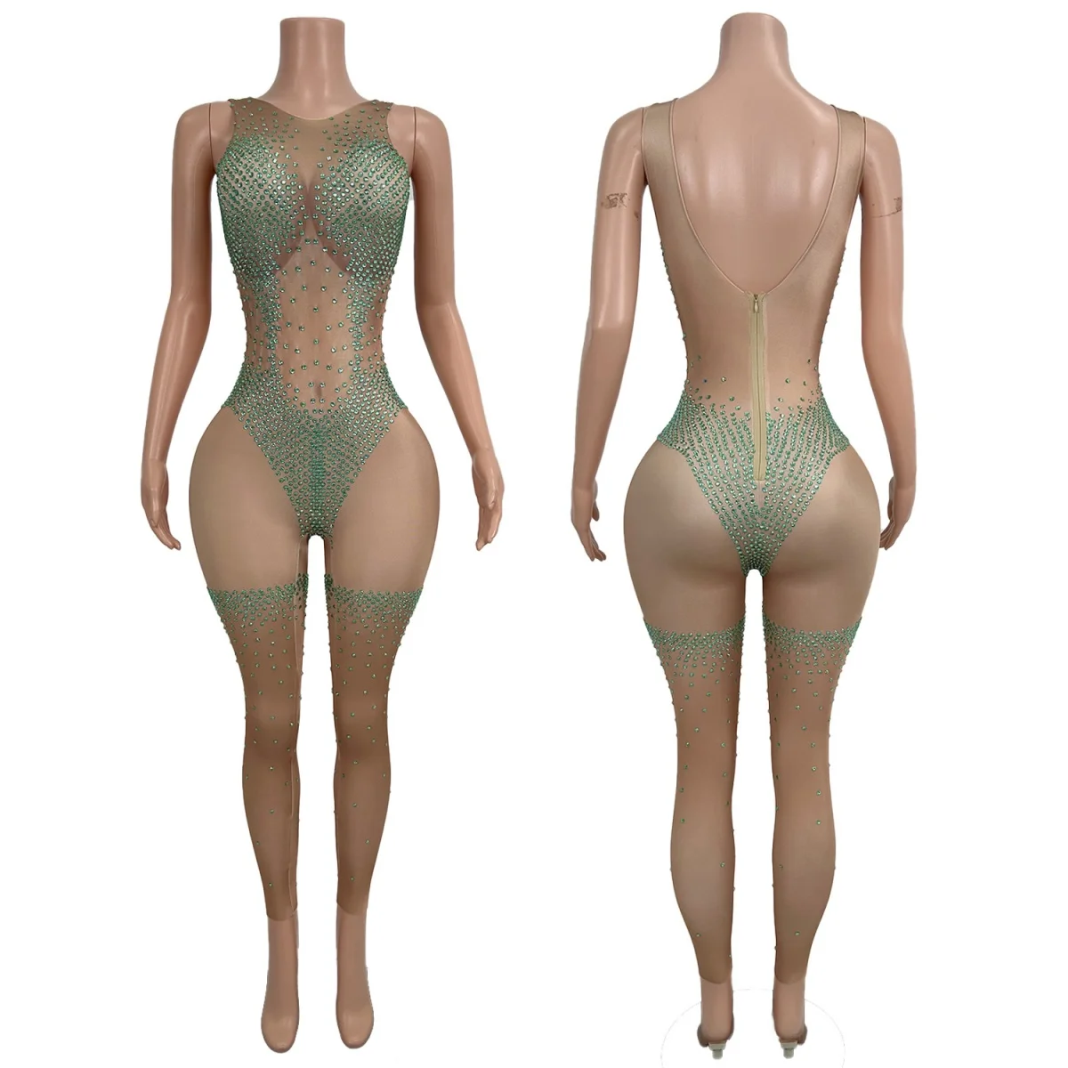 

Sparkly Green Rhinestone Sleeveless Jumpsuit Birthday Celebrate Nightclub Party See Through Mesh Jumpsuit Bar Club Sexy Outfit
