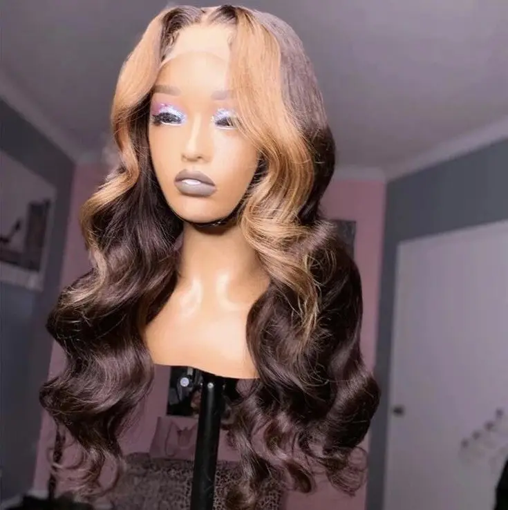 

Brown Two Tone Long Wavy Wigs Soft T Part Lace Wigs Daily Wear