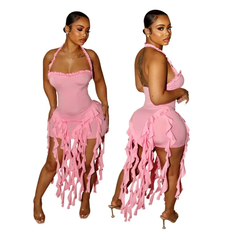 فساتين فستان سهرة 2025 امرأة فيستدوس أسلوب بسيط Bodycon مطوي شرابة الرسن الرقبة الساخن فتاة نمط بلا أكمام مزاجه