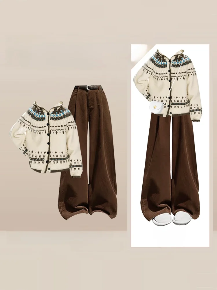 

Зимний повседневный комплект: женский ретро-кардиган с узором Fair Isle и художественным цветовым блоком, вязаный кардиган-пальто, брюки с широкими штанинами, модный ансамбль