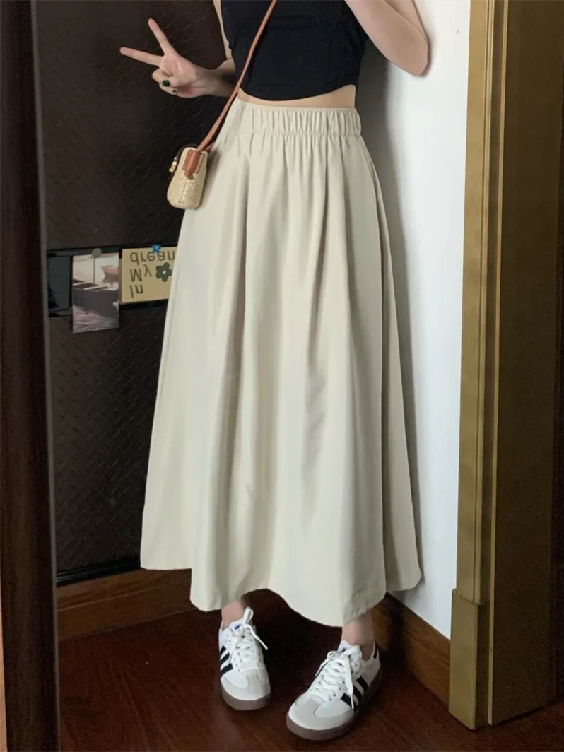 Summer Versatile Half-body Skirt Women Casual Temperament Medium-length Skirts High Waist Thin Draping A-line Skirt Female Solid