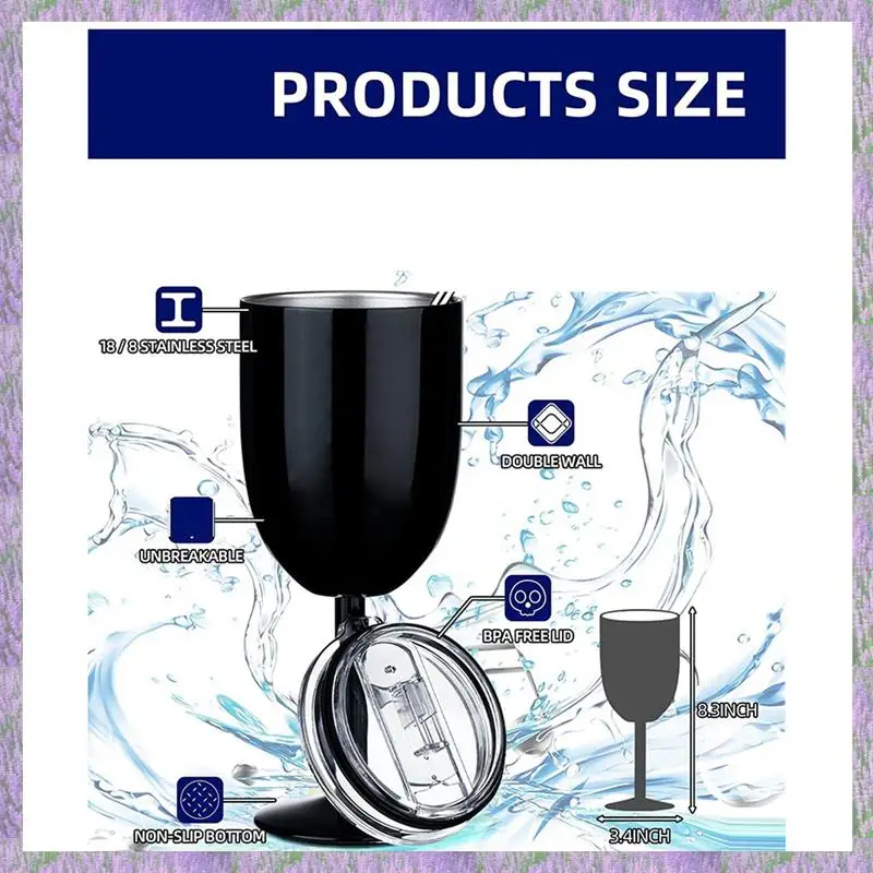 

A63K-2X Stemmed Stainless Steel Wine Glasses With Lid Wall Insulated Wine Tumbler Unbreakable Goblets Wine Glasses 10Oz A
