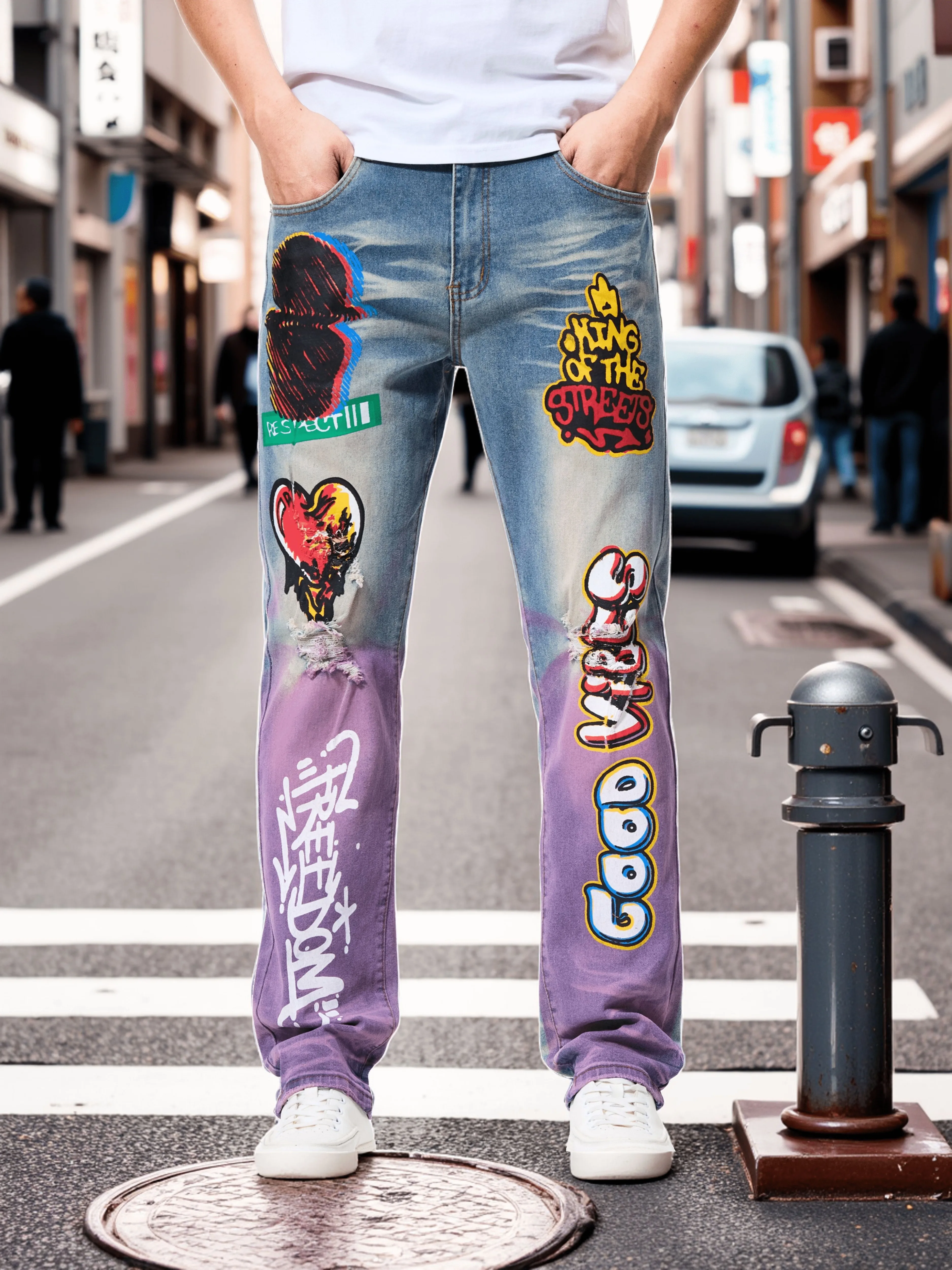 New trend foreign trade style men's jeans elastic hole patch stitching men's straight jeans