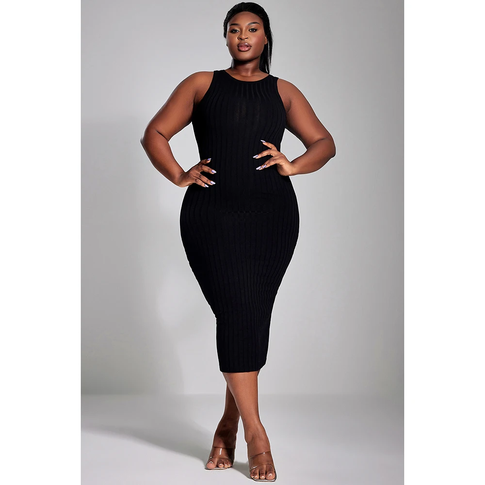 

Plus Size Casual Dress Black Threaded Knitted Skirt U-Neck Wide Shoulders Slit Tank Top Midi Dress