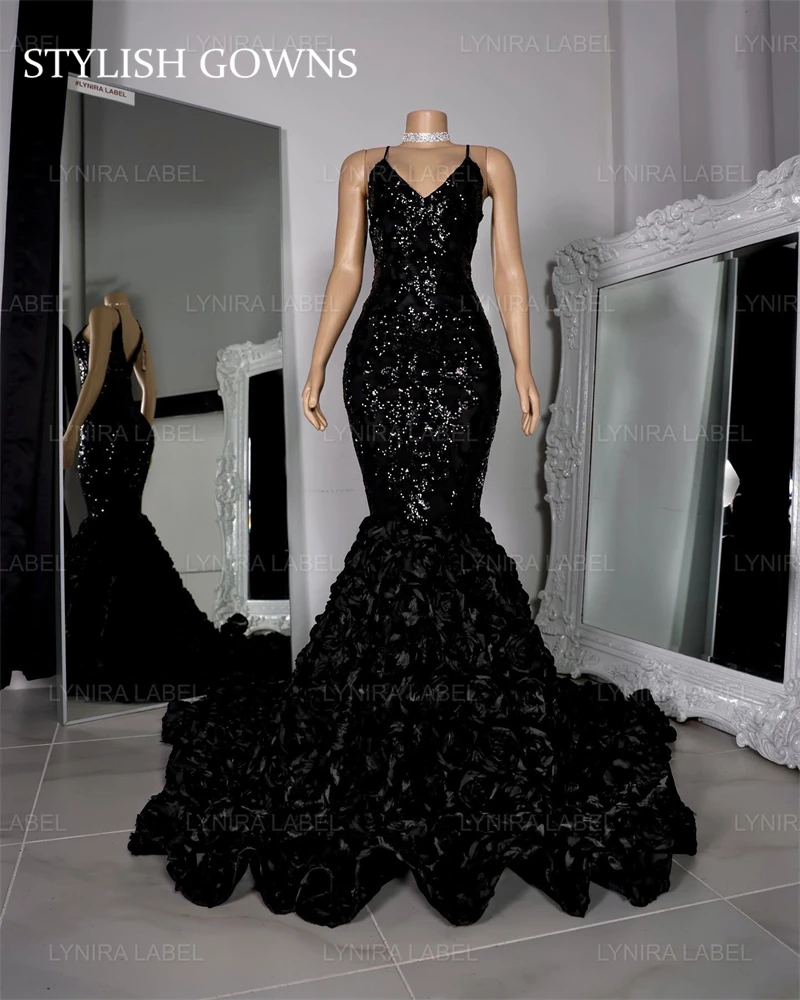 Sparkly Sweetheart Long Prom Dress Black Girls Sequin Birthday Party Dresses Mermaid Evening Gown Ruffles Robe De Bal Customized