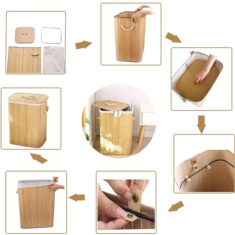 Foldable Bamboo Laundry Basket, Clothes Storage Basket With Lid Household Cloth Container Organiser Washing Basket