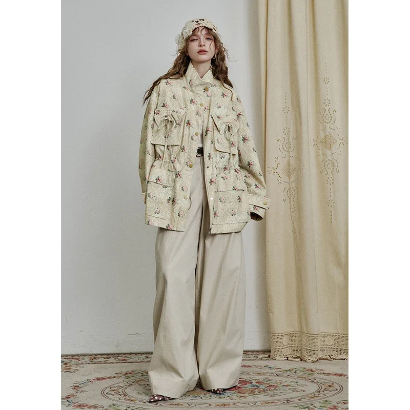 ELFSACK Women's Loose Outerwear with Floral Print, Stand Collar Multi-Pocket Coat, Casual Everyday Outerwear