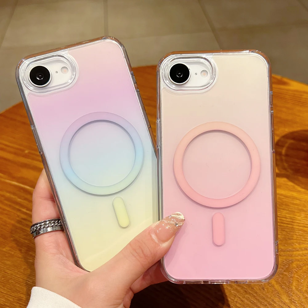 

Luxury Gradient Pattern Wireless Charge Magsafe Case For iPhone 13 14 15 16 Pro Max 16E Plus Hard IMD Transparent Magnetic Cover