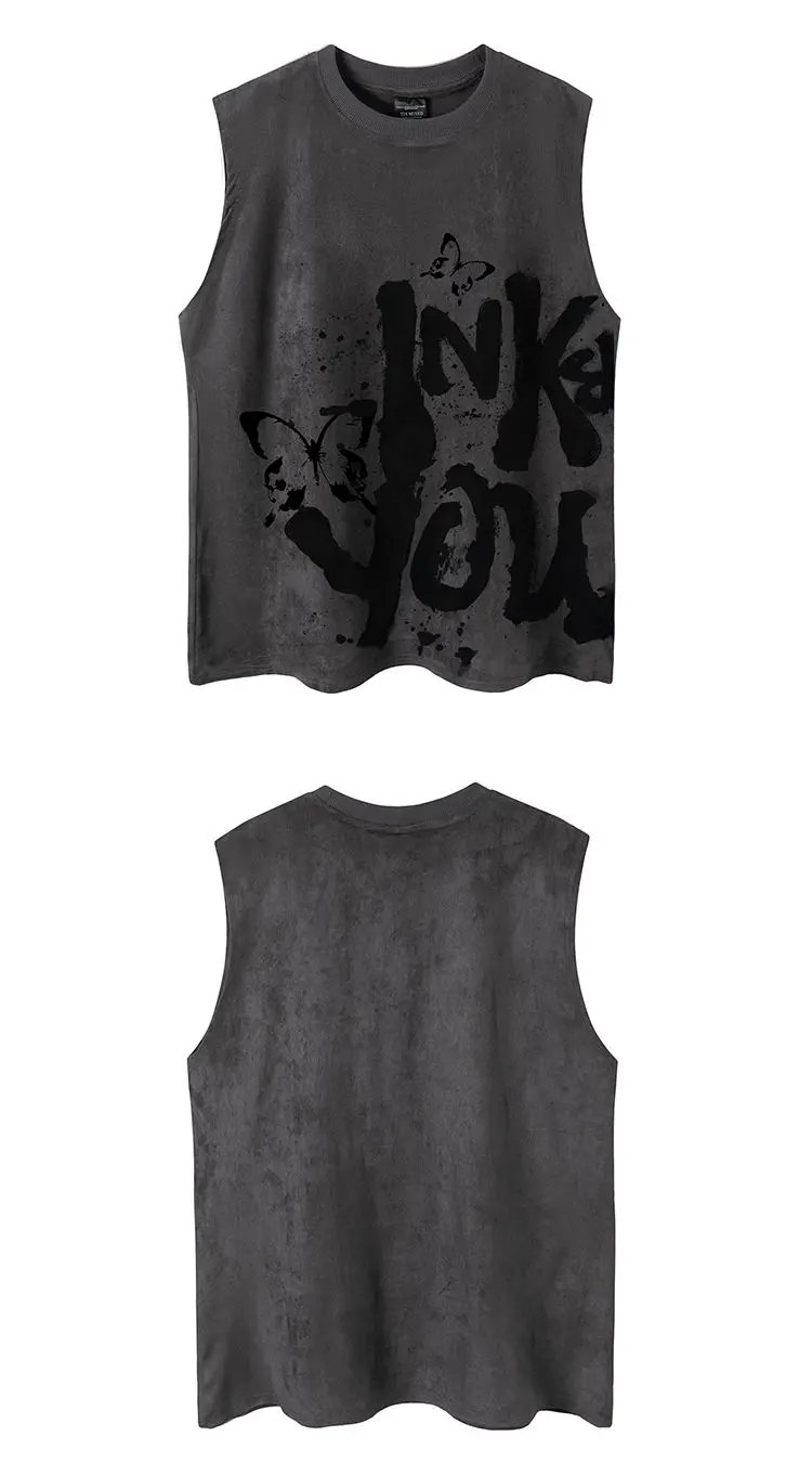 2024 New European and American Vintage Letter Printed Suede Vest Loose Casual Sleeveless T-shirt