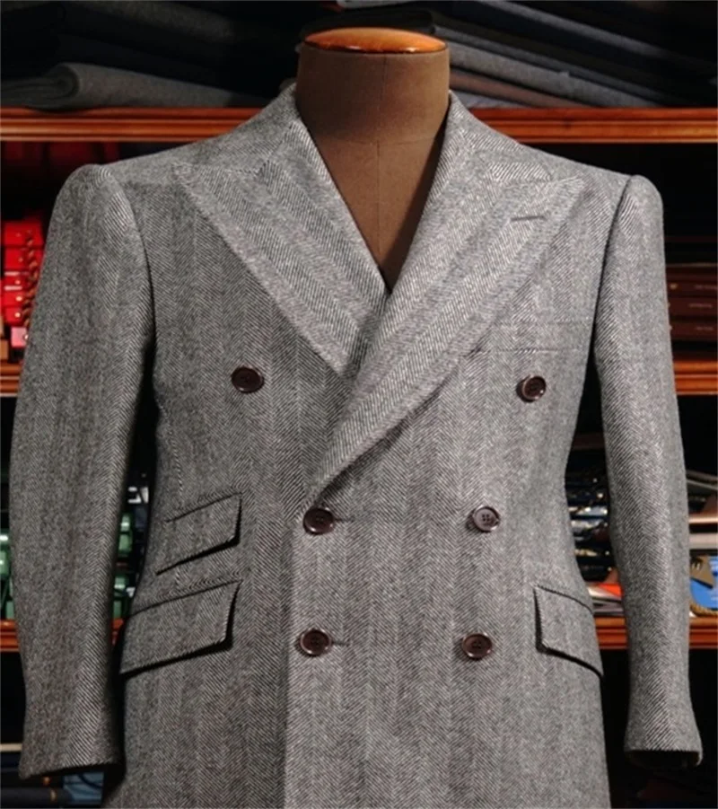 Herringbone Thick Woolen Men Suits 1 Piece Handsome Double Breasted Formal Tuxedos Overcoat Business Long Coat Custom Made