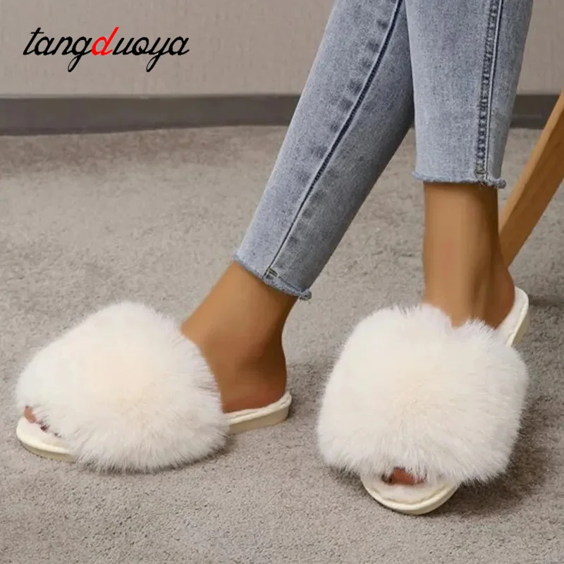 New Woman Slippers Winter Simple Word Fur Flats Soft Home Women Slippers Faux Fur Warm Bedroom Leisure Female Shoes