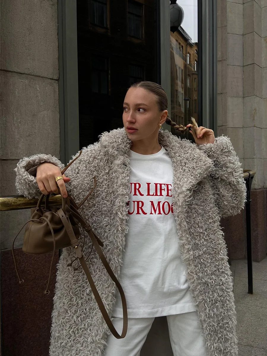 Gray Wool Faux Fur Shearling Long Coat for Women Winter 2025 Winter Fashion Trendy Teddy Maxi Coat Monki Curly Clean Fit Outwear