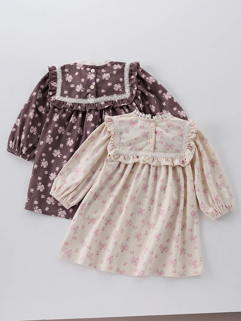 MILANCEL Spring Girls' Floral Dress Cute Children's Lace Collar Long Sleeve Dress Girls' Casual Outfit Kid's Autumn Clothing