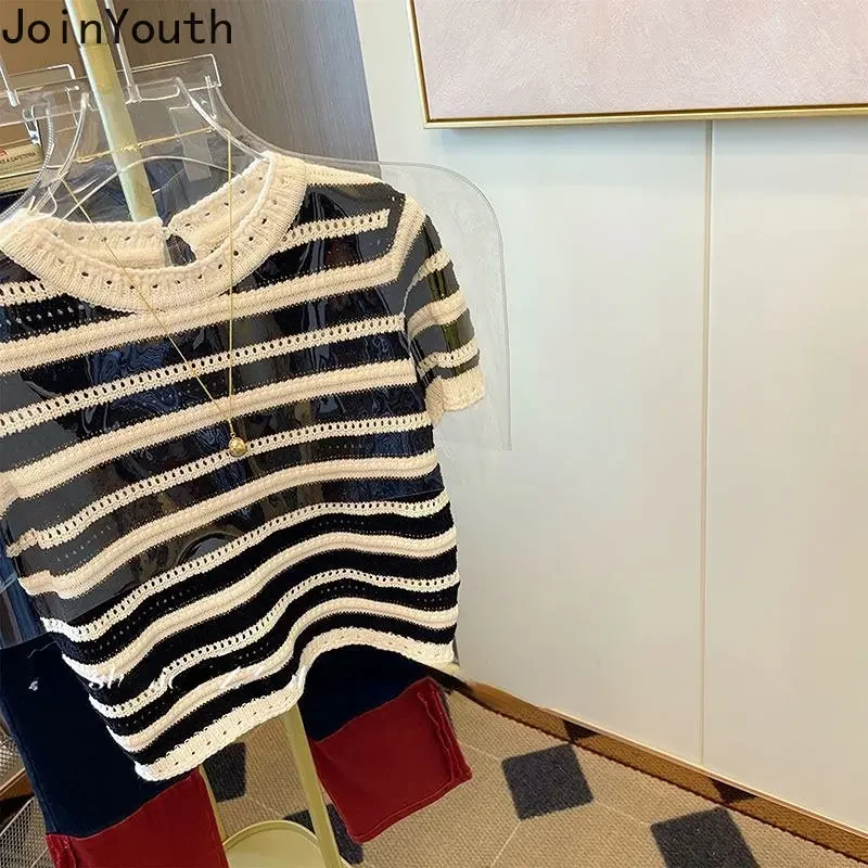 Striped Tshirts Women Clothing O-neck Short Sleeve Summer Tees Fashion Hollow Out Knitted Casual T Shirts Tops 2023 Ropa Mujer