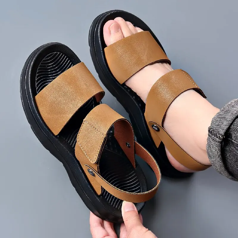 

Men Summer Leather Sandals Casual Non-slip Thick Sole Beach Shoes Adjustable Velcro Strap Outdoor Roman Sandals Size 38 - 46