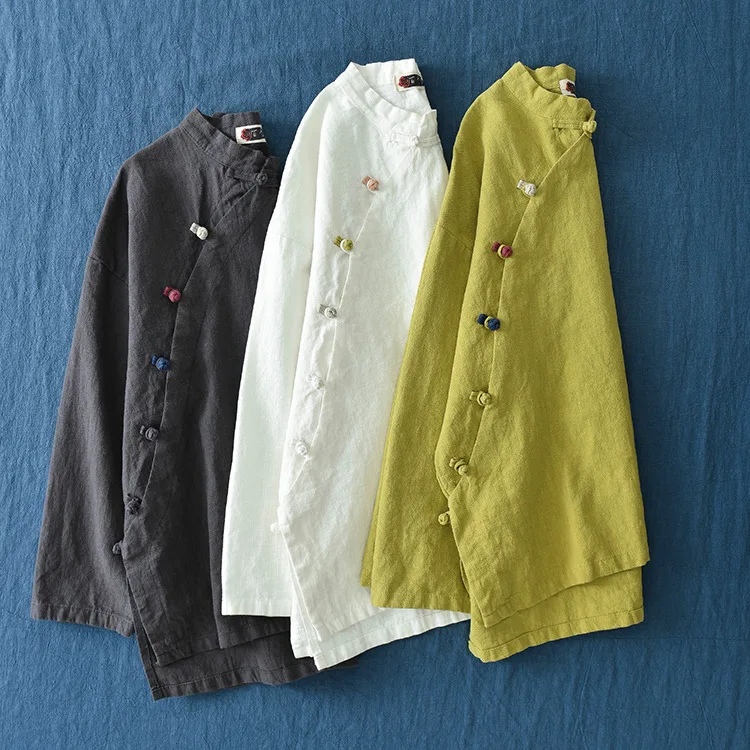 

Women Vintage Cotton Linen Shirts And Tops Stand Long Sleeve 2025 Spring New Chinese Style Button Loose Blouses Shirts