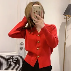 Women's Cardigans Loose Red V Neck Ladies Knit Sweaters Spring Autumn Long Sleeve Harajuku Fashion 2024 Light Elegant Jackets