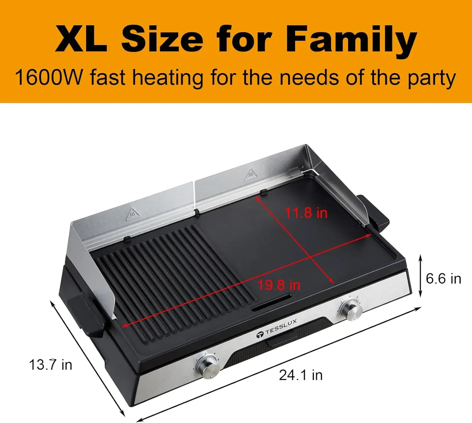 Indoor Grill, 20” Non-stick Griddle Combo, 1600W Fast Heating, Dual Temperature Control, Detachable for Easy Cleaning