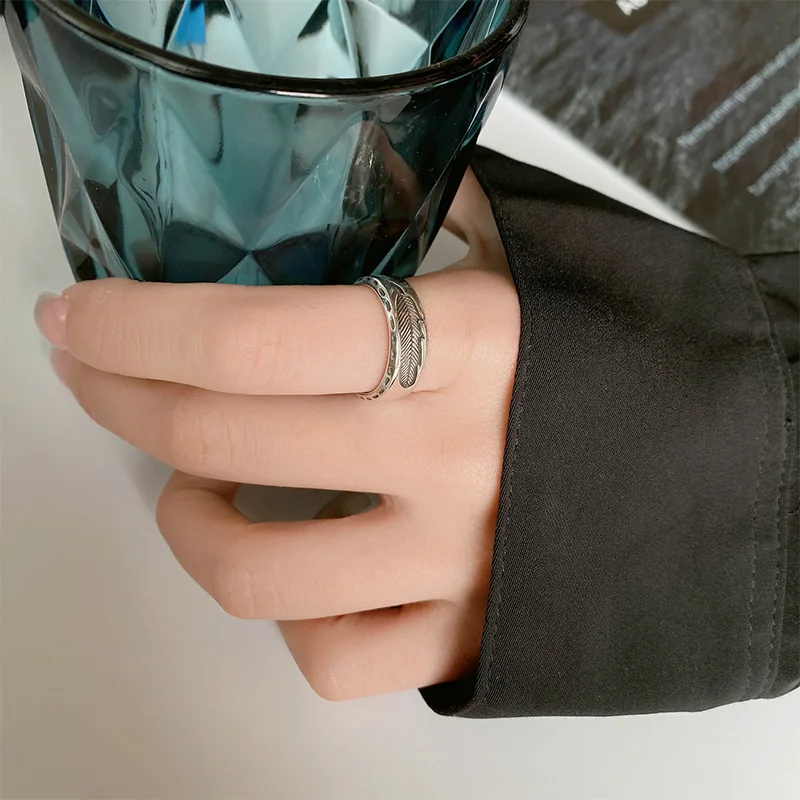 925 Sterling Silver Adjustable Rings For Women Feather Luxury Fine Jewelry Wedding Accessories JewelleryPrevent Allergy