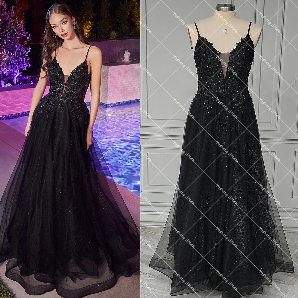 Preto cintas de espaguete shimmer tule beading vestido de casamento personalizado gótico dia das bruxas mergulhando baixo v sem costas brial vestidos