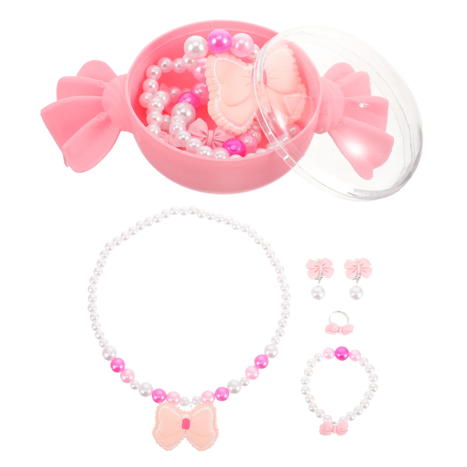1세트 소녀 공주 보석 리본 목걸이 팔찌 귀걸이 반지 가볍고 편안한 어린이 생일 파티 선물 유아용