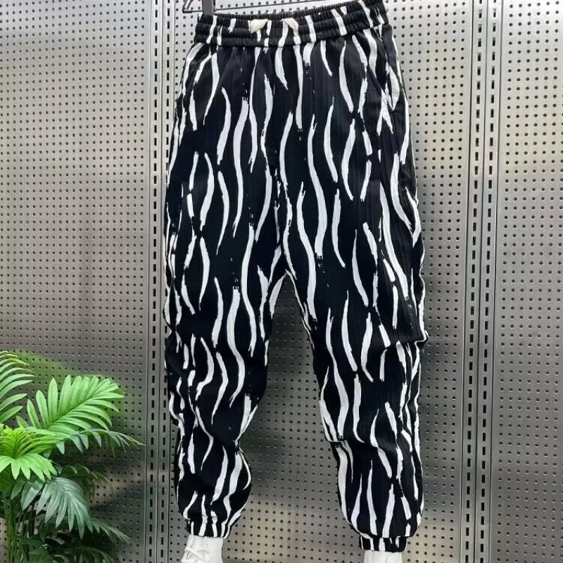 Trendy Spring/Summer Thin Striped Men\'s Elastic Waist Printed Pockets Haren Pants Loose Tie Feet Casual Haren Ankle Length Pants